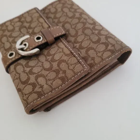 Coach Wallet Canvas Leather Signature Bifold 4x4 Small Brown Compact Logo Buckle - Picture 9 of 10